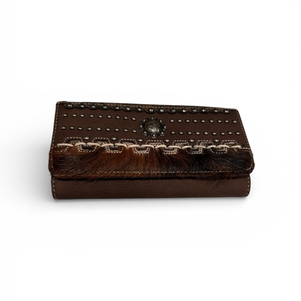 Brown Studded Leather Wallet with Haircalf Trim